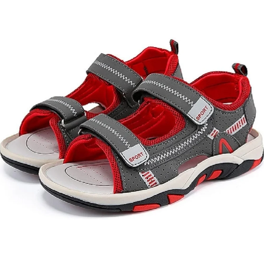 Red and Gray Sandals with Velcro Straps and Cushioned Footbed